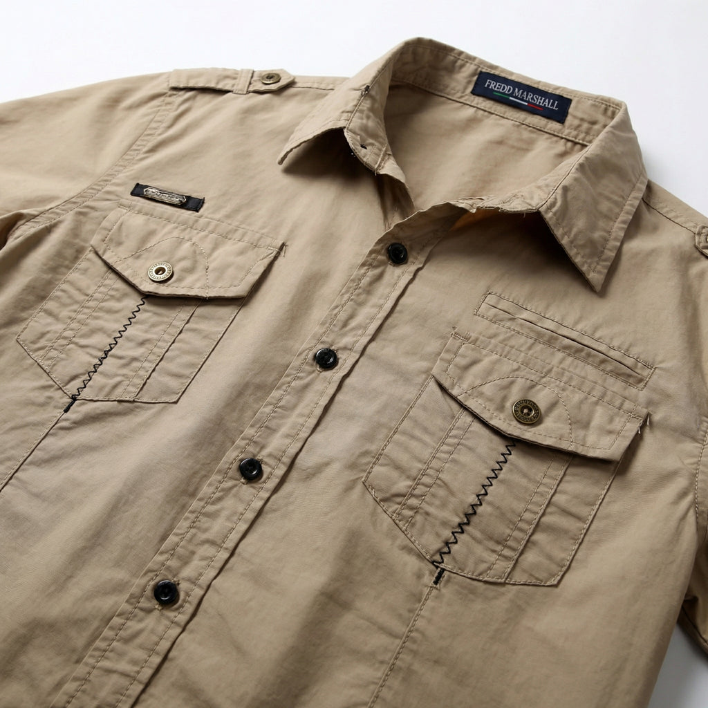 FREDD MARSHALL Men's Khaki Cargo Short-Sleeve Shirt — Multi-Pocket Workwear — 视图 5