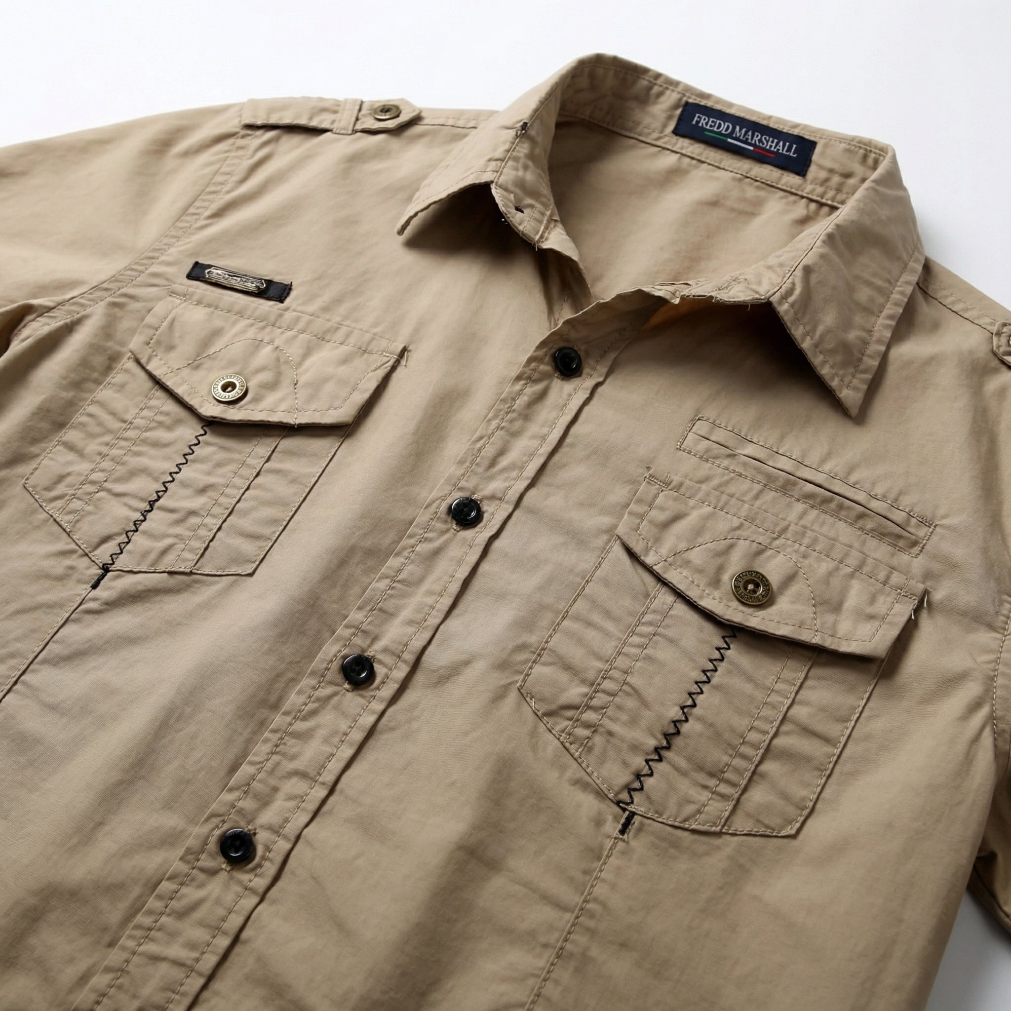 FREDD MARSHALL Men's Khaki Cargo Short-Sleeve Shirt — Multi-Pocket Workwear — 视图 5