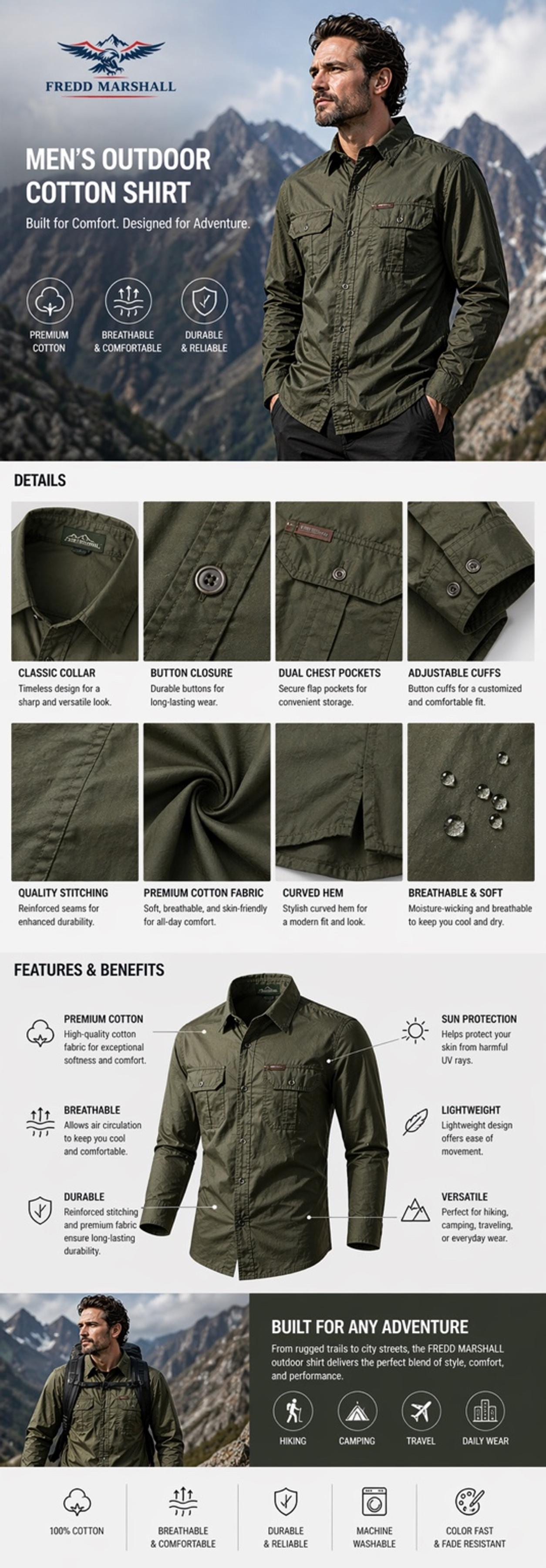 FREDD MARSHALL Men's Tactical Outdoor Shirt — Military Style, Hiking, Workwear