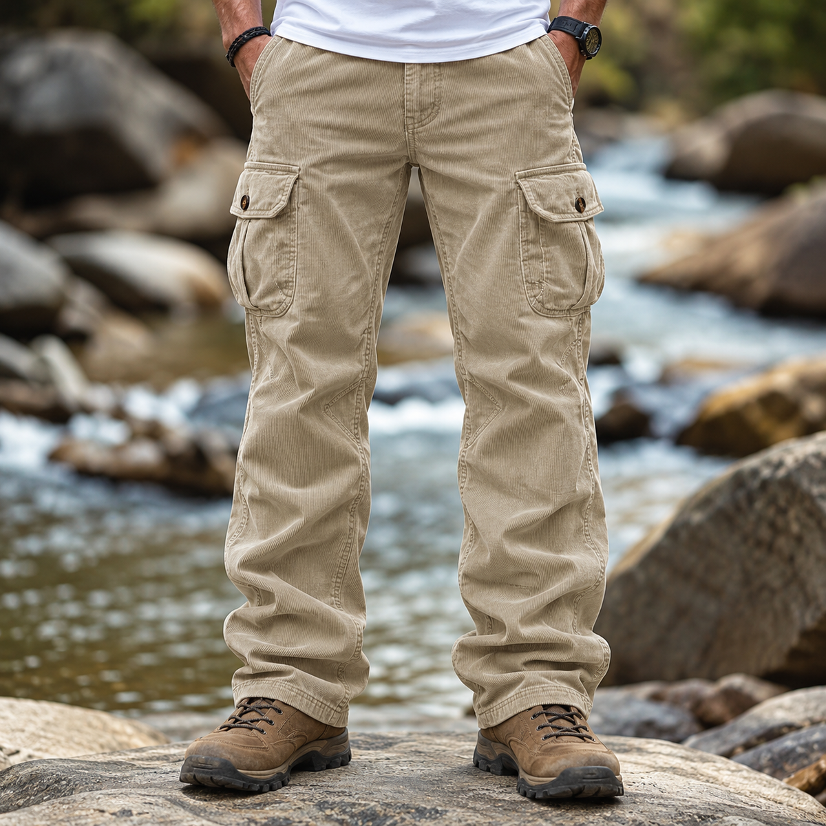 FREDD MARSHALL men's cargo pants, Beige, front view