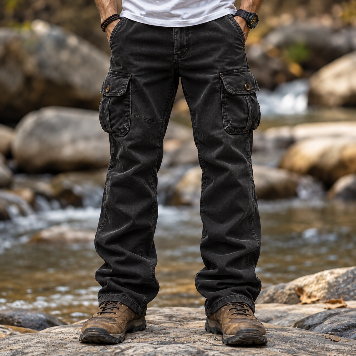 FREDD MARSHALL men's cargo pants, Black, front view