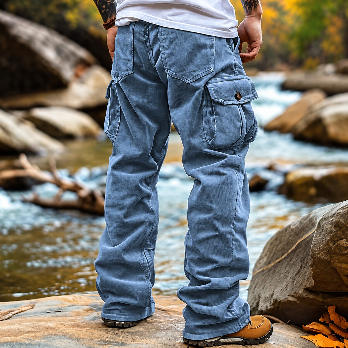 FREDD MARSHALL men's cargo pants, Sky Blue, back view