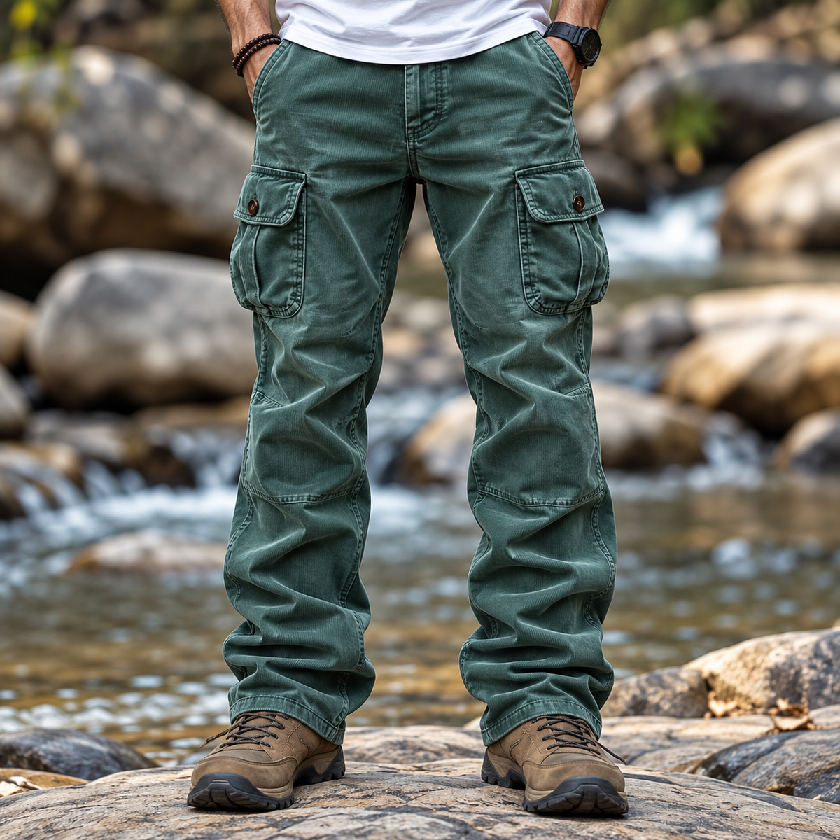 FREDD MARSHALL men's cargo pants, Dark Cyan, front view